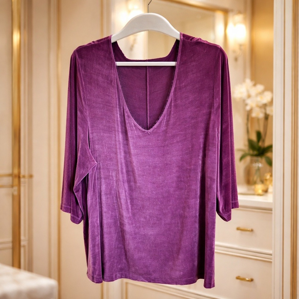 Vikki Vi‎ 3X Slinky Knit Tunic Top 3/4 Sleeve Purple Lace Deep V-Neck Vintage